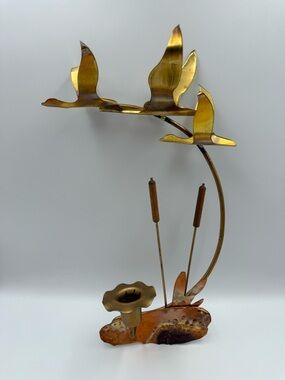 Brass & Wood Flying Geese Wall Art Candle Holder Sconce MCM Mid Century